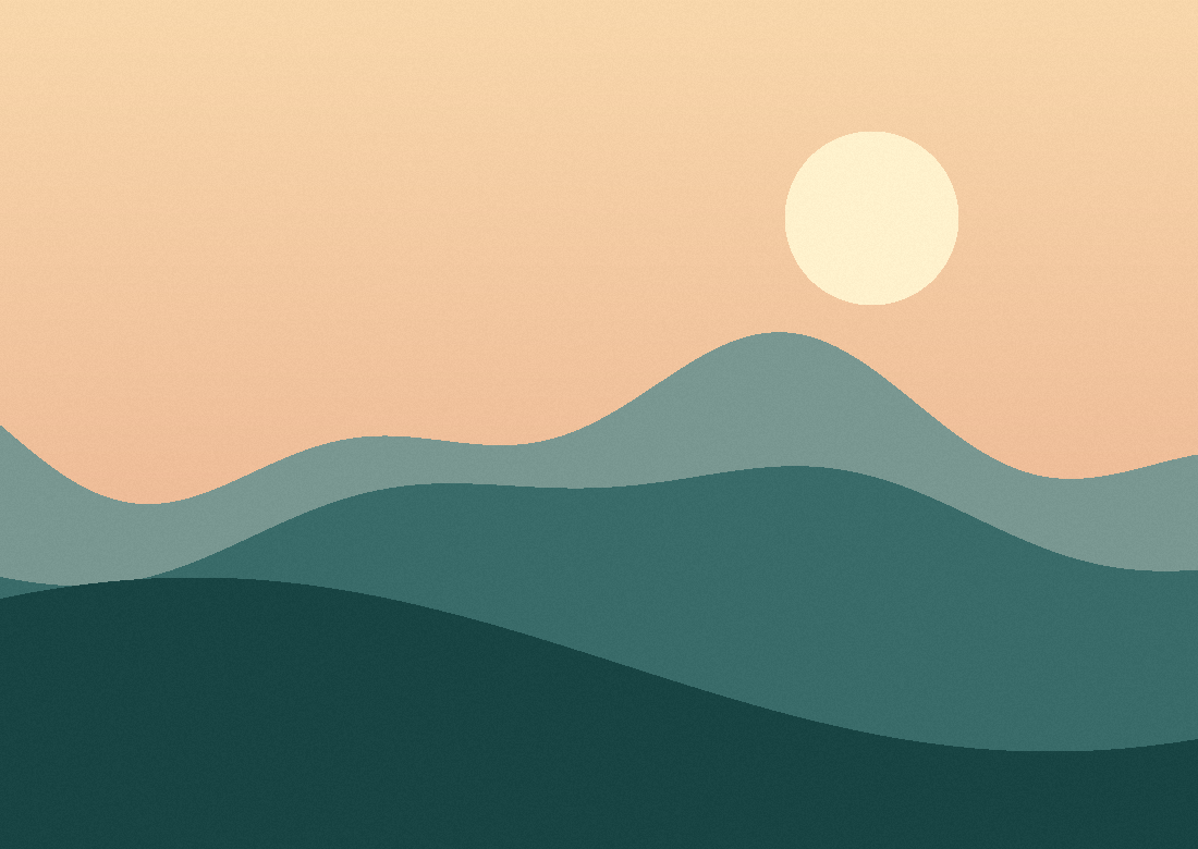 Green mountains under a warm peach sky